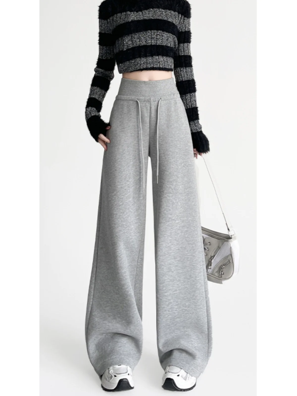 

Off ey Fce Lined Thiened Elastic Waist Casual Straight Leg Wide Leg Pants Women's Street Sle High Waist Silk Blend