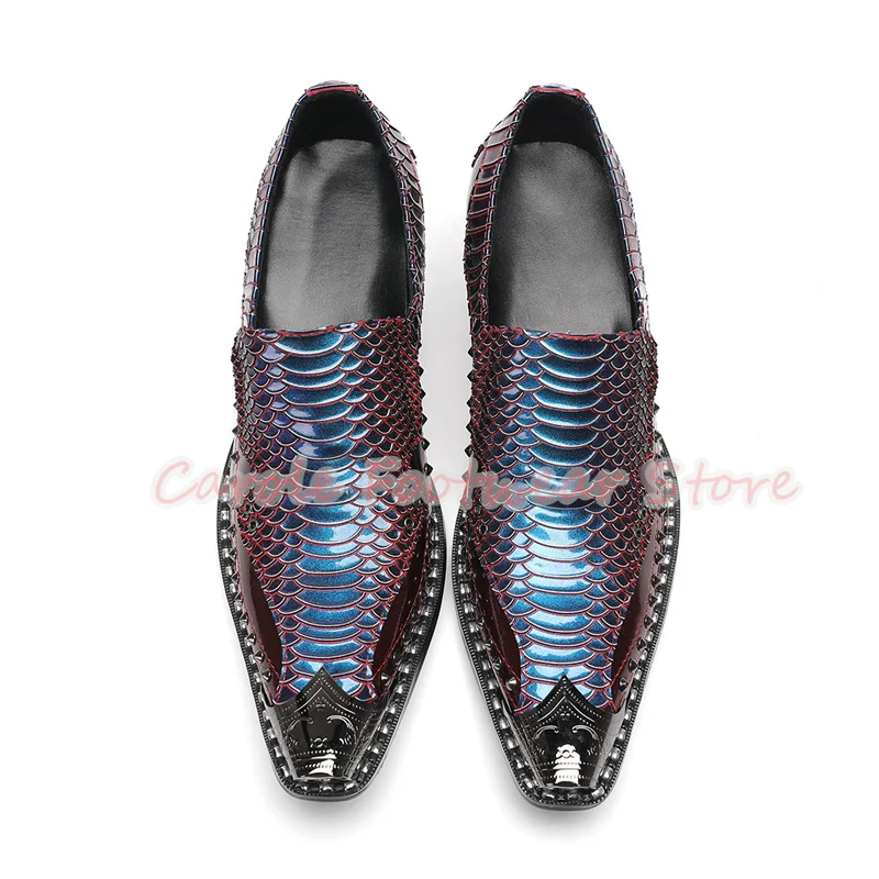 Italian Handmade Genuine Leather Snakeskin Loafers for Men Metal Pointed Toe Chunky Heel Derby Shoes Male Rivet Casual Shoes