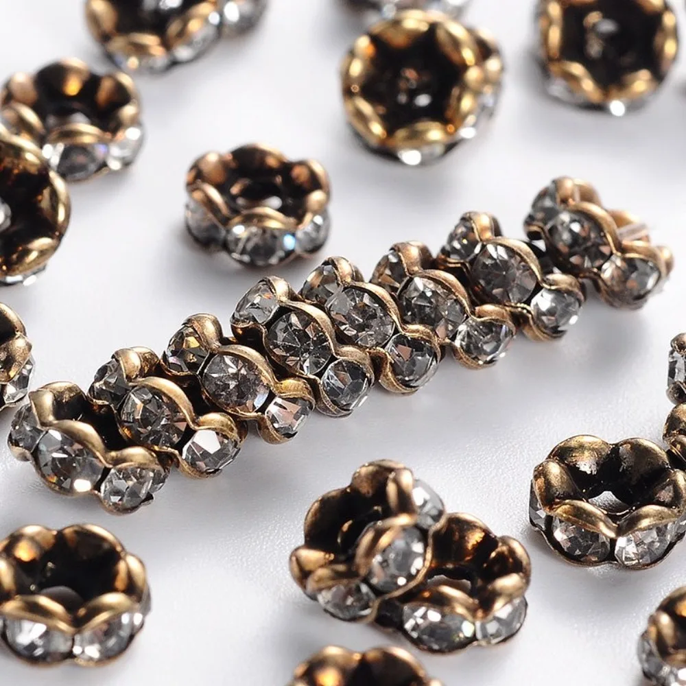 

200pcs Rack Plating Brass Beads with A Rhinestone Wave Side Cadmium Free Lead Free Bronze 6x3mm Hole: 1.5mm