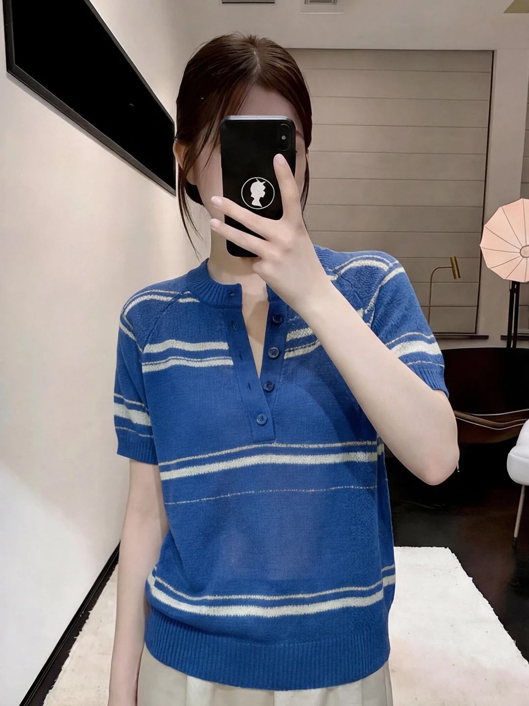 

Blue Striped Short Sleeve Knitted Shirt Women's Summer Thin Large Size Design Sense Quality Top Slimming Fashionable Ladies' ...