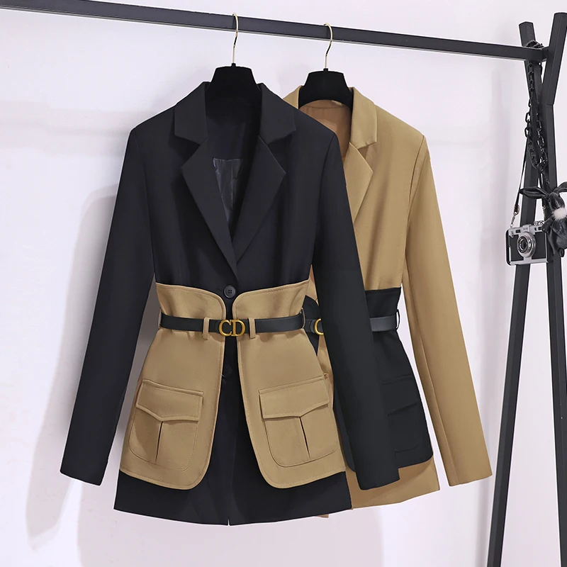 New 2024 Autumn Winter Blazer For Women Patchwork Color Korean Fashion Design Casual Coat And Jacket Women With Belt Outwears