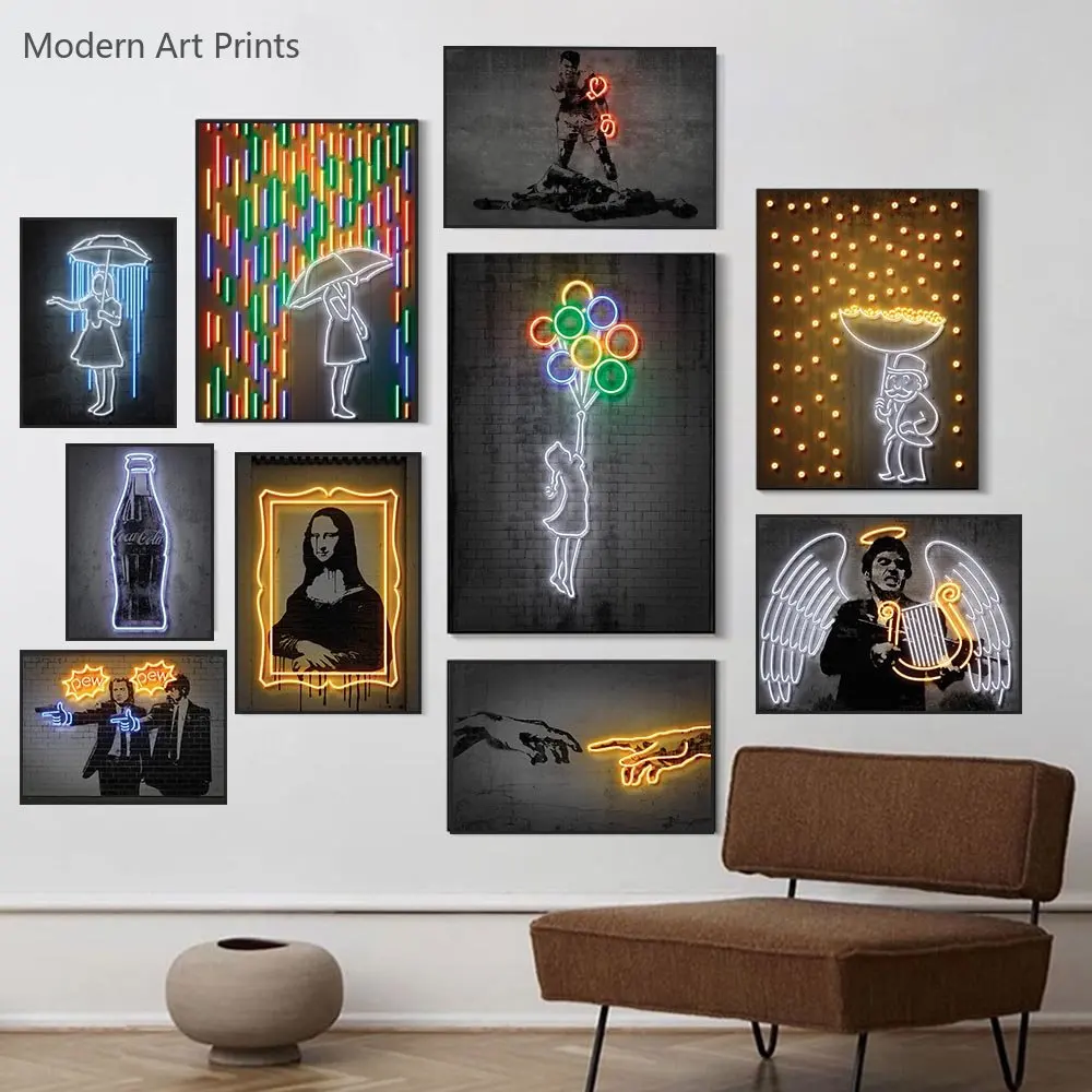 

Neon Effect Poster Girl with Balloon and Mona Lisa Canvas Painting Picture for Home Living Room Wall Decoration Unframed