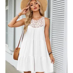 Moda Sexy Hollow Lace Patchwork Halter Neck Women A Line Dress Summer Casual Solid Color Loose Beach Holiday Female Sundress