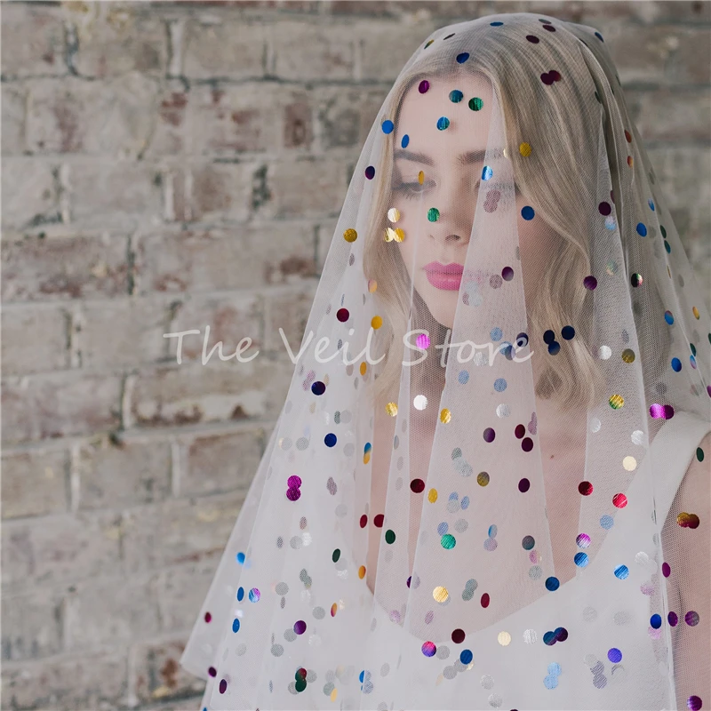 Colorful Rainbow Polka Dots Bridal Wedding Veils With Comb Blusher Mesh Tulle Multicoloured Sparkly Cathedral Long Two Layers