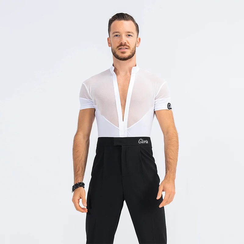 Male White Latin Dance Shirt Professional Competition Wear Summer Practice Wear Tango Ballroom Waltz Performance Tops DL10867