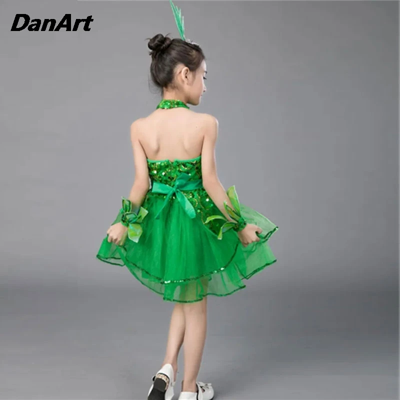 Vestito verde da ballo per ragazze Vestito da balletto per ragazze Ragazza per bambini Costumi di danza jazz Costume da spettacolo per ragazze Raccolta di abiti da festa