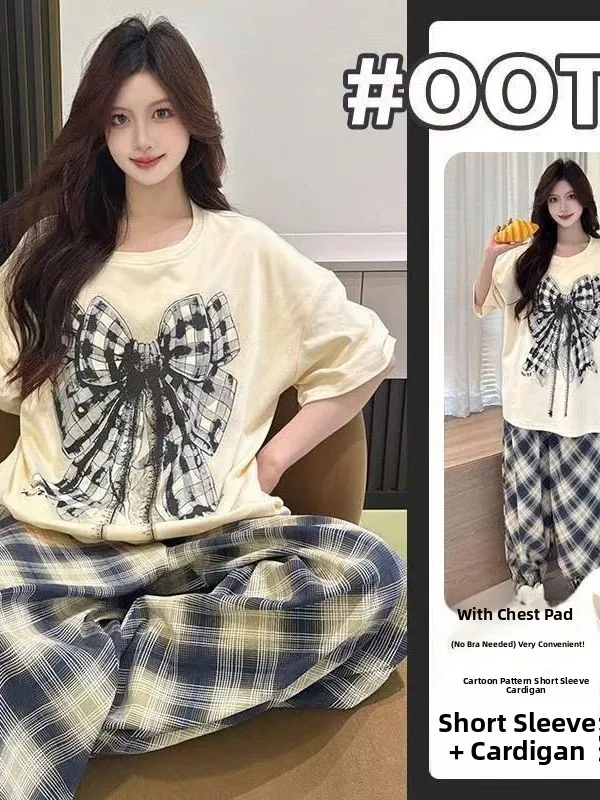 

Summer New Women's Sleepwear Set with Chest Pad Short Sleeve Long Pants Cartoon Cute Knot Sweet Home Clothes
