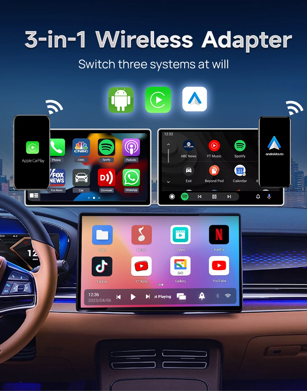 صندوق Carplay Android Auto AI اللاسلكي، التوصيل والتشغيل يناسب السيارات من 2016، Android 9 RK-A53 4+32GB، يدعم أي تطبيقات - TBOX Lite S