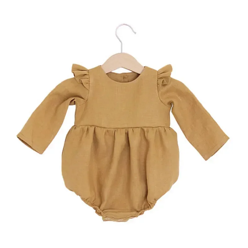 Newborn Infant Baby Girls Ruffle Long Sleeve Romper Kids Solid Color Cotton Linen One-piece Suits Jumpsuit Outfits