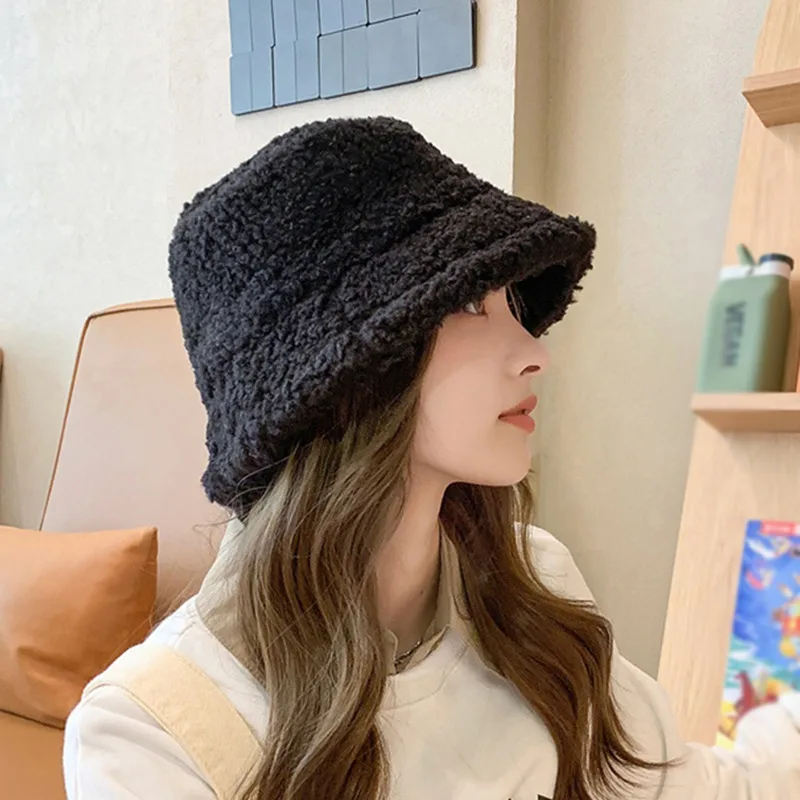 Winter Women Faux Fur Bucket Hat Outdoor Warm Lamb Black Solid Fluffy Fishing Cap Panama