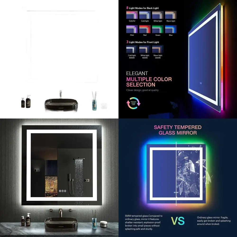 

Зеркало для ванной комнаты 38x38 со светодиодной подсветкой и противотуманной защитой, RGB-подсветкой с регулируемой яркостью, передним освещением, водонепроницаемым зеркалом из закаленного стекла