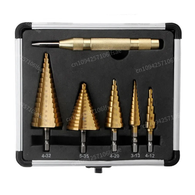 

AEE6-5PCS Step Drill Bit Set, HSS Drill Bits, Automatic Center Punch, Shaped Split Tip, W/Aluminum Case, Step Bits For Metal