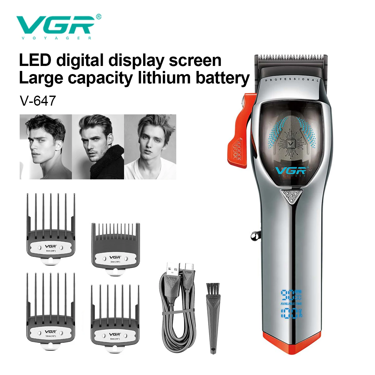 VGR 647 Hair clipper 9000 RPM powerful magnetic electromechanical clipper with base LCD digital display fader