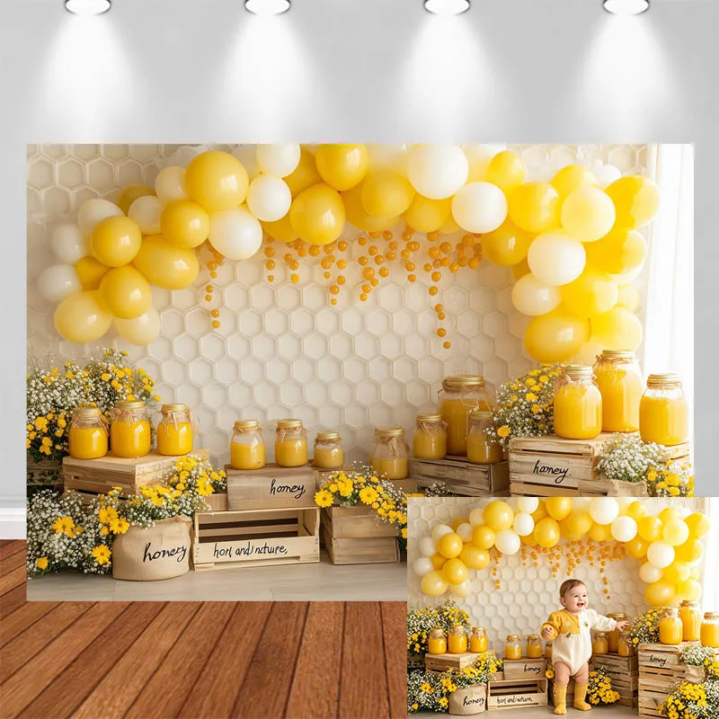 

LS Photography Background Yellow Arch Balloons Honey Jar Decor Birthday Cake Smash Adult Kids Portrait Photo Backdrop Studio
