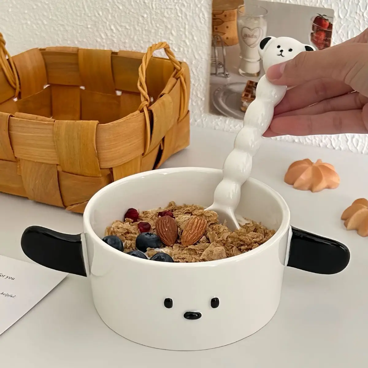 With Handle Pet Dish For Dormitory Noodle Korean Cute Dog Shaped Salad Bowl Spoon Set Ceramic Soup Bowl - view 4