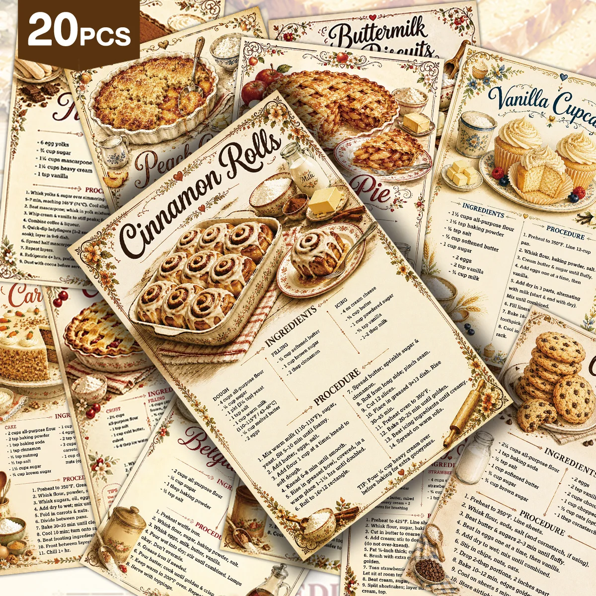 20 cartes postales vintage classiques sur les recettes de desserts. Instructions de cuisson illustrées, cartes décoratives pour la cuisine, cartes de notes sur les recettes, cadeaux.