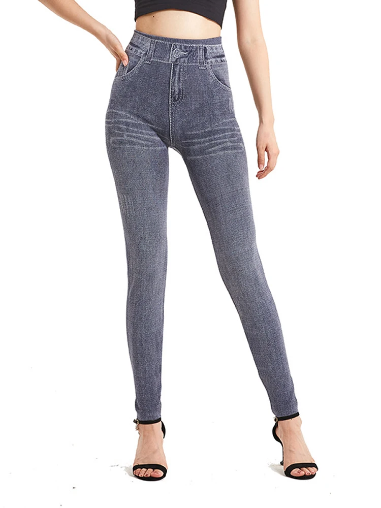 Cuhakci Vrouwen Grijs Fake Jeans Workout Yoga Leggings Naadloze Zachte Jeggings Vrouwen Imitatie Hoge Elastische Denim Potlood Broek