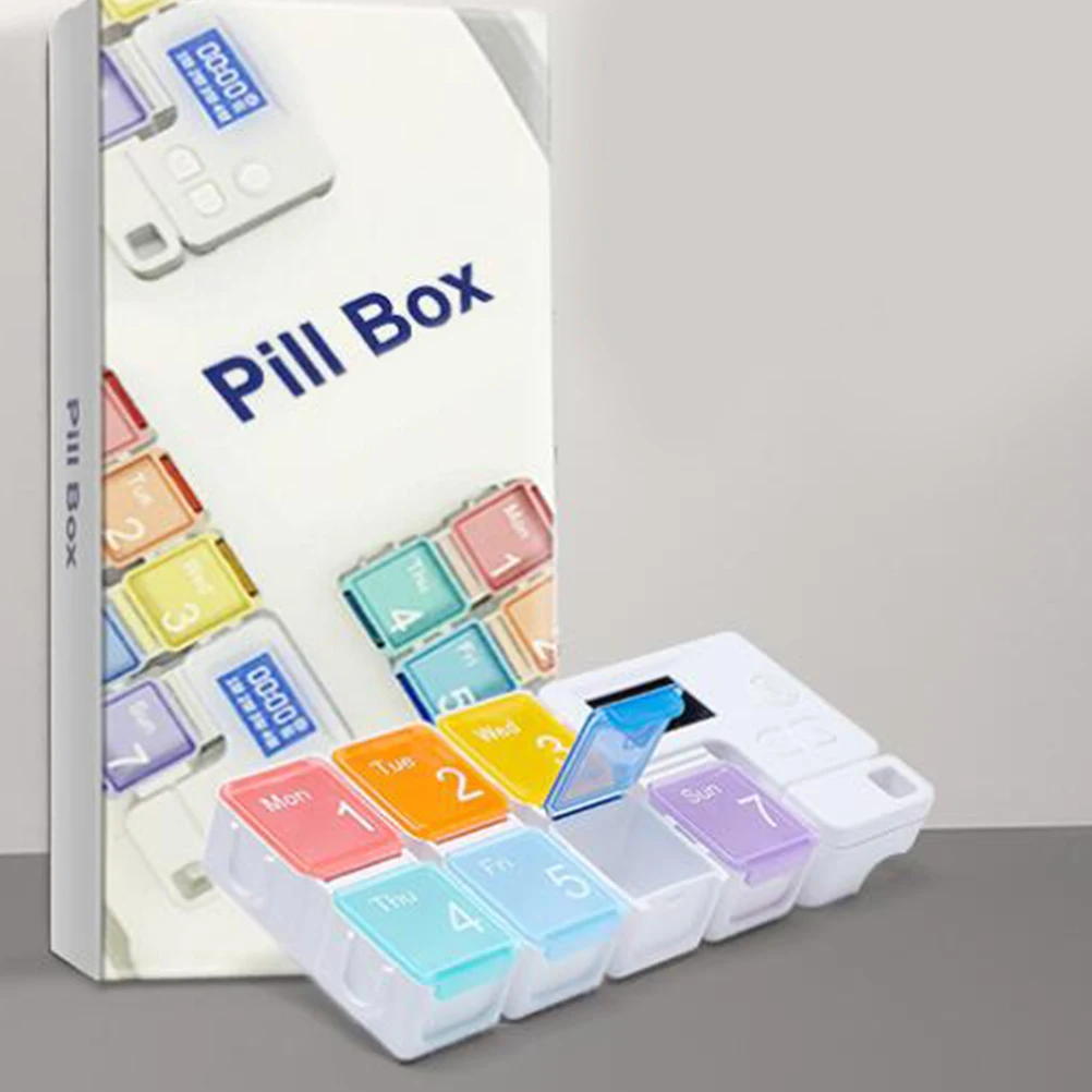 

7 Cubes Alarm Pill Dispenser Transparent Big Letter Weekly Medicine Organizer Container With Time Display Reminder For Patient