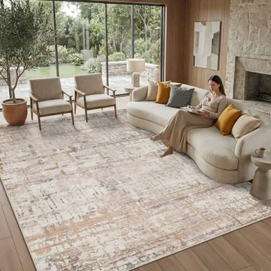 

Living room bedroom dining room use, polypropylene beige grey rug, modern abstract design, soft washable stain resistant non-sl