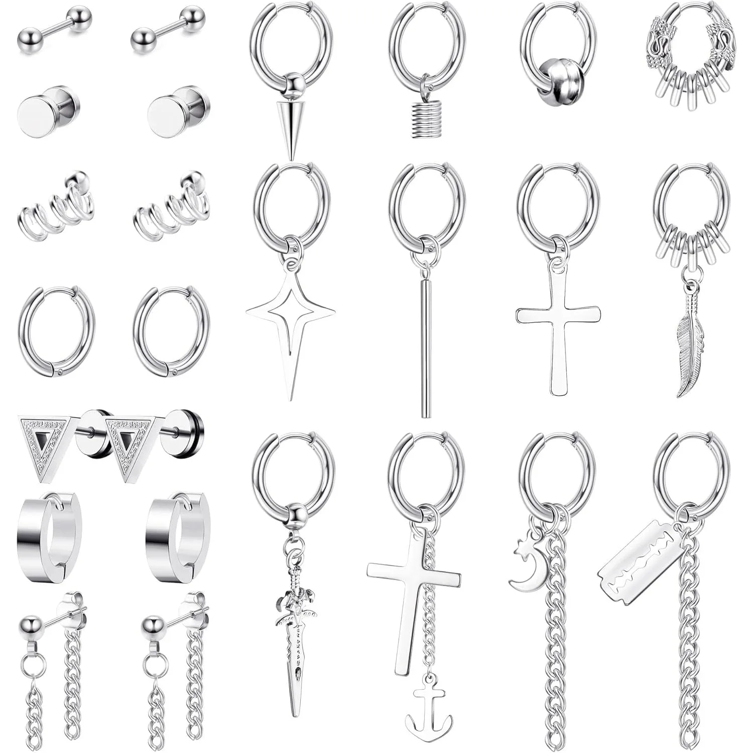 

Bobisty 26pcs 18G Hoop Earrings for Men Stainless Steel Stud Emo Men Earrings Chain Cross Dangle Earrings Piercing Jewelry