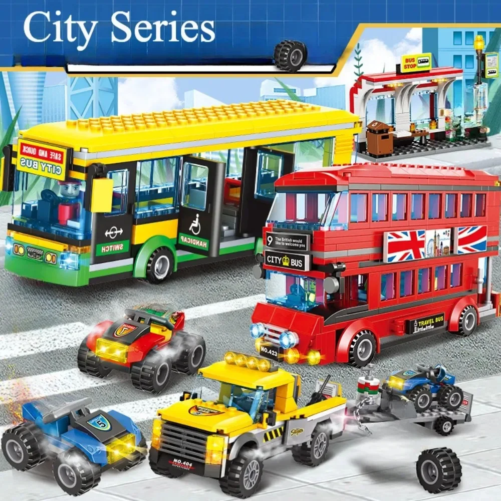 City London Bus Station Building Blocks Double Deckers Travel Bus Station City Single Decker Express Bus Car With Figures Toy