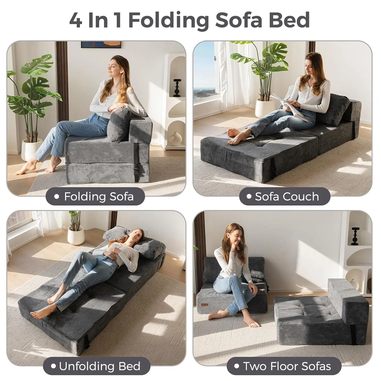 سرير أريكة قابل للطي، سرير أريكة قابل للتحويل مع رغوة دعم عالية الكثافة، كرسي محمول 4 في 1 قابل للطي إلى كرسي أرضي، متعدد الاستخدامات #4