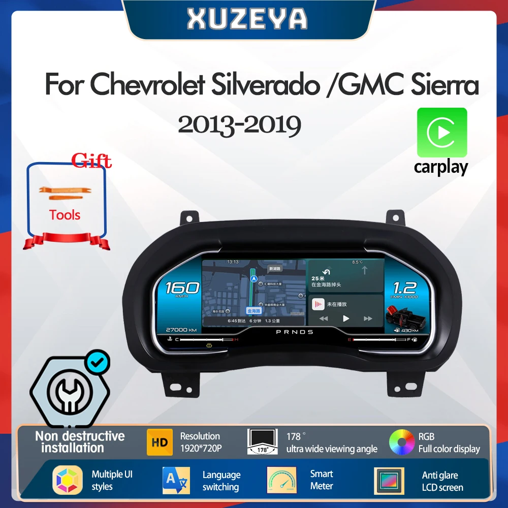 

12,3-дюймовый HD-экран, цифровая приборная панель для Chevrolet Silverado 2013-2019/GMC Sierra, спидометр, приборная панель, беспроводной Carplay