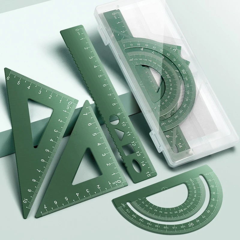 Regla de aleación de aluminio 4 en 1, juego de papelería, combinación multifuncional, transportador triangular para dibujo
