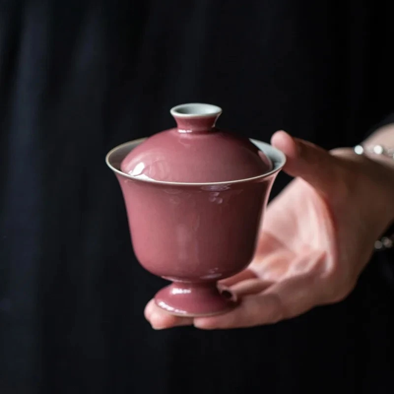 

120ml Cowpea Red High Footed Gaiwan Traditional Tureen Tea Bowl With Lid Kit Tea Maker Cover Bowl Chinese Set Craft Gift