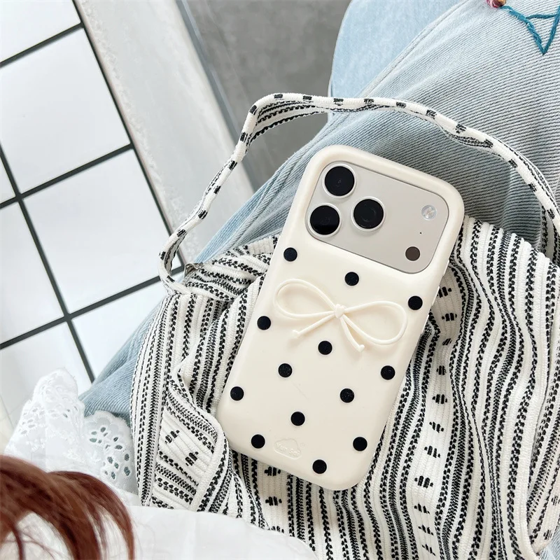 Korean 3D White Bowknot Black Polka Dots Soft Silicone Phone Case For IPhone 17 16 15 14 13 Pro Max Shockproof Protective Cover view 4