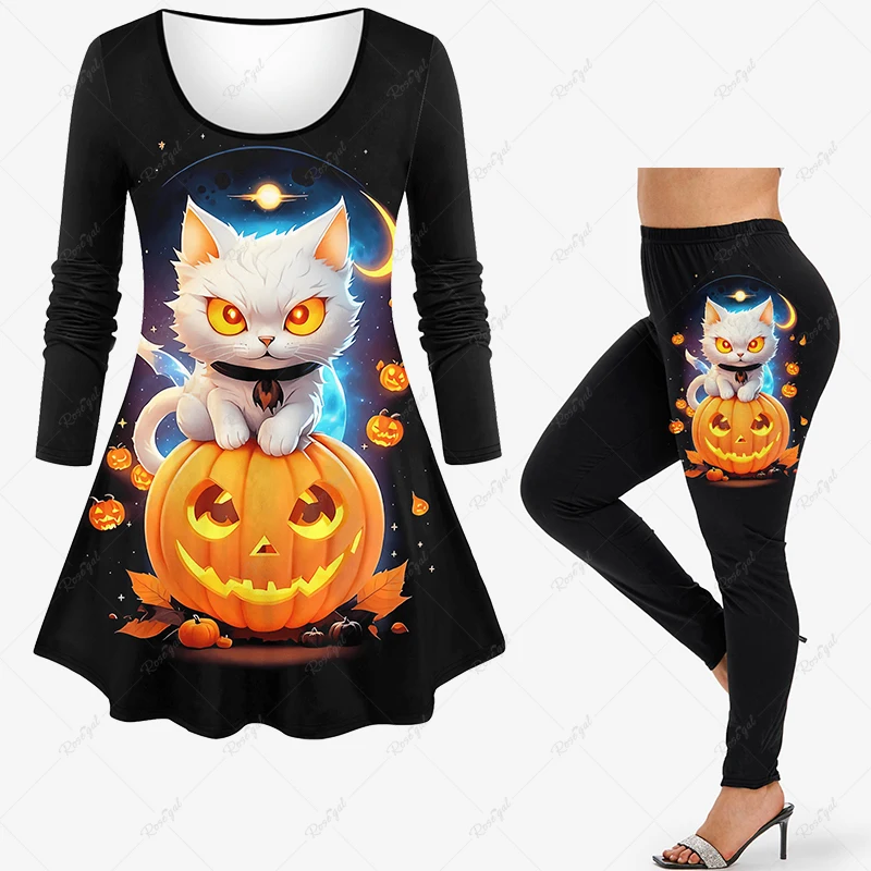 Rosegal  New Plus Size Halloween Pumpkin Cat Galaxy Moon Glitter Printed  T-shirt Or Leggings Daily Casual Matching Set XS-6X