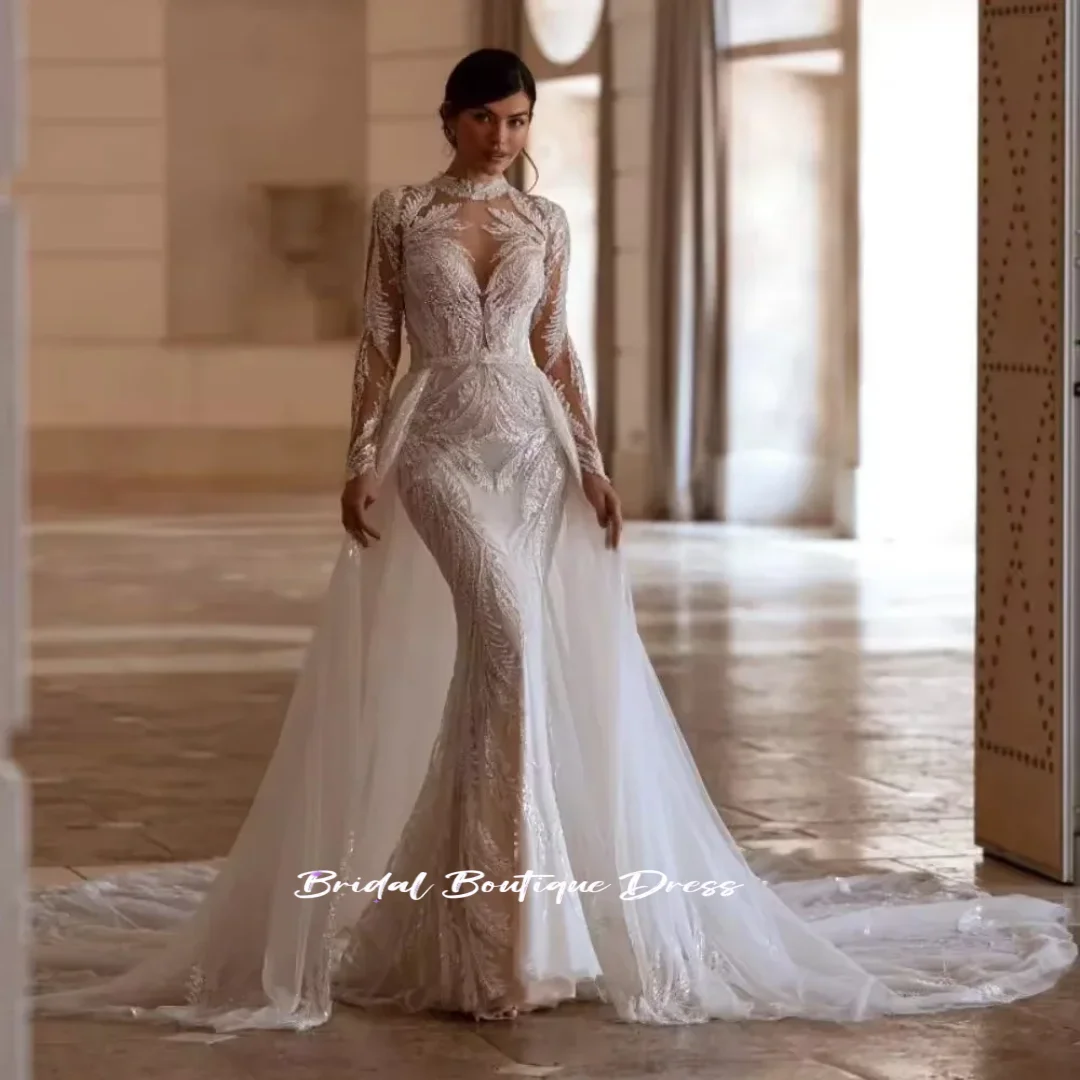 Aangepaste bescheiden prachtige hoge kraag lange mouw trouwjurk sprankelende pailletten kralen jurk voor bruid elegante bruidsjurk