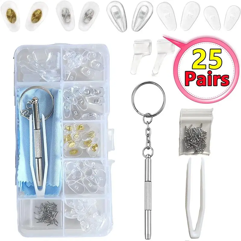 New 25pairs Screw Glasses Nose Pad Replacement Part Ear Hook Eyewear Accessories Anti Slip Cleaning Cloth Spectacle Repair Kit