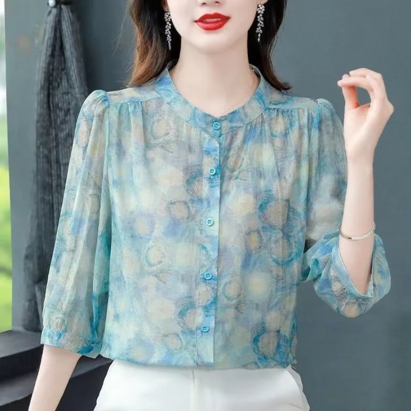 Elegant Fragmented Chiffon Single-breasted Shirt Women's 3/4 Sleeve Summer New Loose and Slim Shirt Covering Top Small Shirt