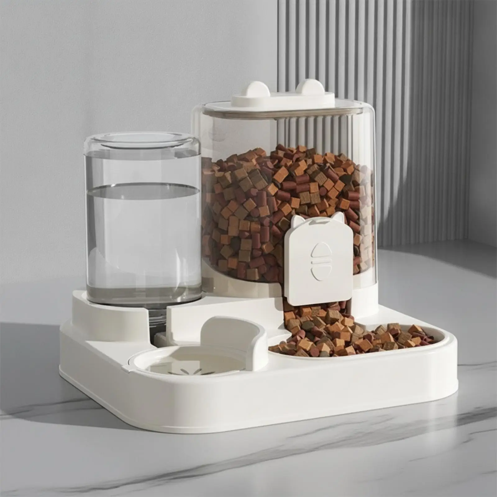Integrated Cat Food and Water Dispenser No Electricity Cat Food Hopper Feeder with Water Bowl Non-BPA-without Automatic