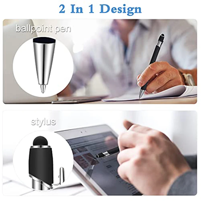 100Pcs 2-in-1 Capacitive Stylus Ballpoint Pens, Matte Black Soft Rubber Grip Silver Metal Clip Retractable Touch Screen Pens