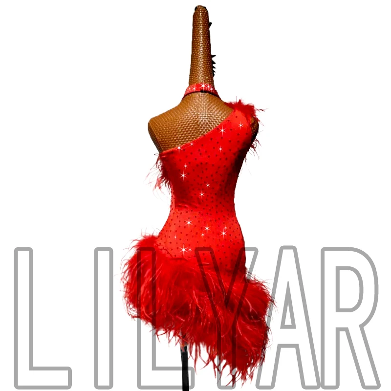 New Latin Dance Skirt Competition Skirt Performance Skirt Adult Custom Red Feather Slant Shoulder Sexy Dance Skirt