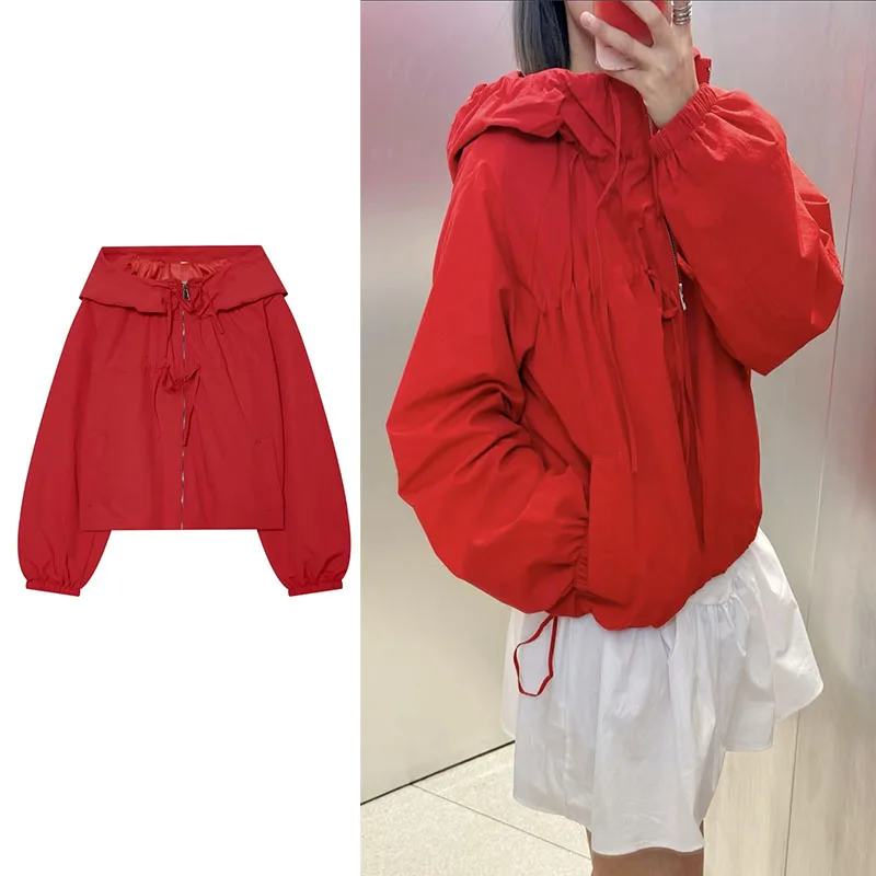 Goubioziy Women's Hooded 2026 New Spring and Autumn Solid Color Zipper Jacket with Bow Decoration Fashionable Casual Women's Top