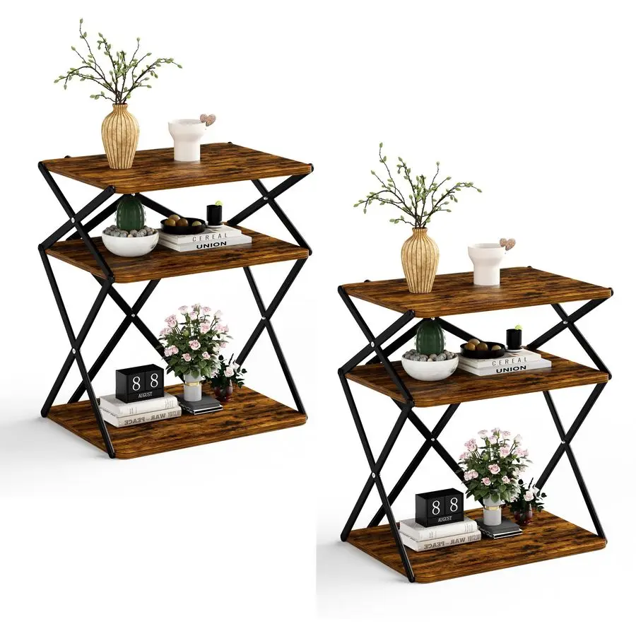 

3Tier End Table Set of 2 Small Side Table Tall Bedside Night Stand with Storage Sofa Side desks for Living Room Bedroom Office B