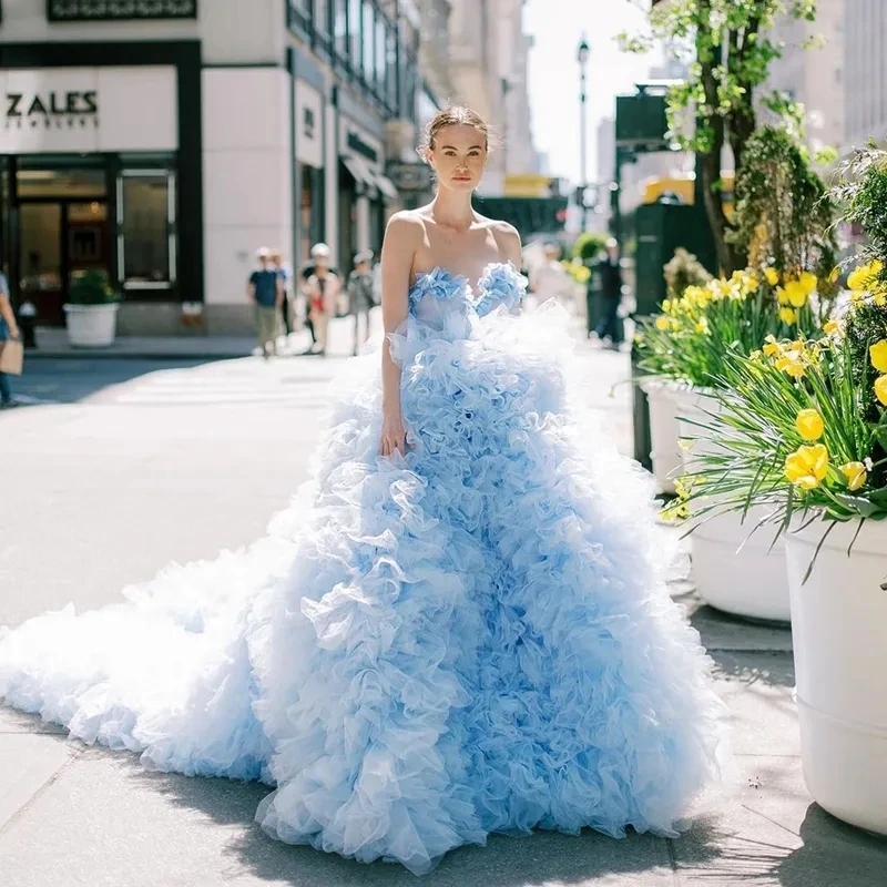 

Eye-catching Blue Ball Gown Dress Extra Lush Tiered Tulle Party Dresses Photography Wedding Gown Photoshoot Bridal Dress Custom