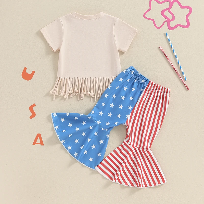 Toddler Baby Girl 4th Fourth of July Outfit Short Sleeve Retro Shirt Top American Flag Bell Bottoms Pants Clothes