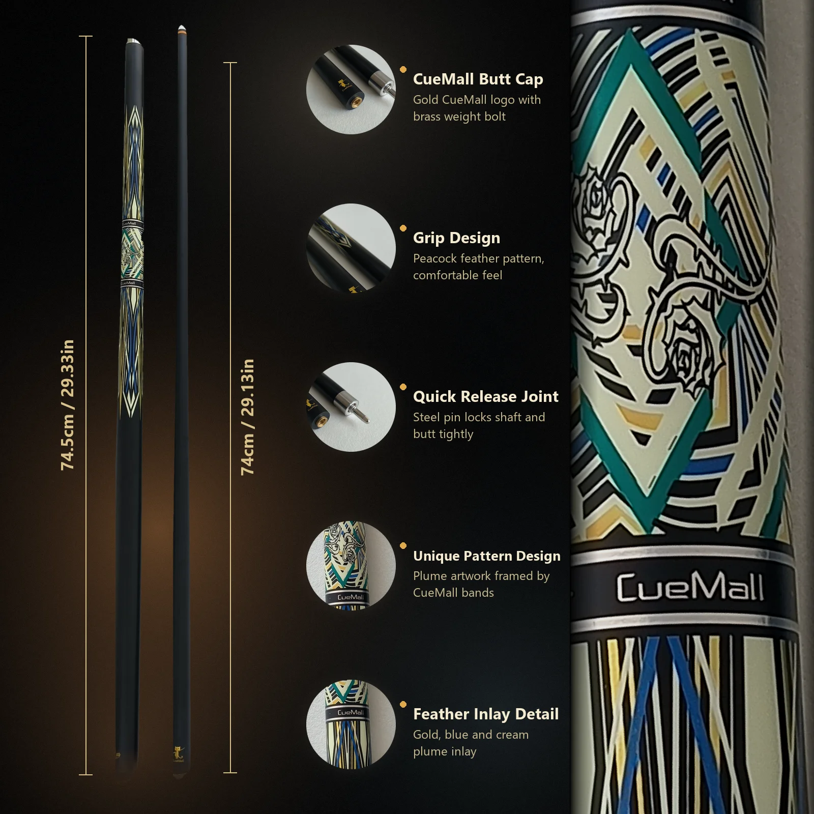 58 Inch 19oz Carbon Fiber Pool Cue 12.75mm Tip Low Deflection Uni-Loc Joint Vintage Floral Design Billiard Stick