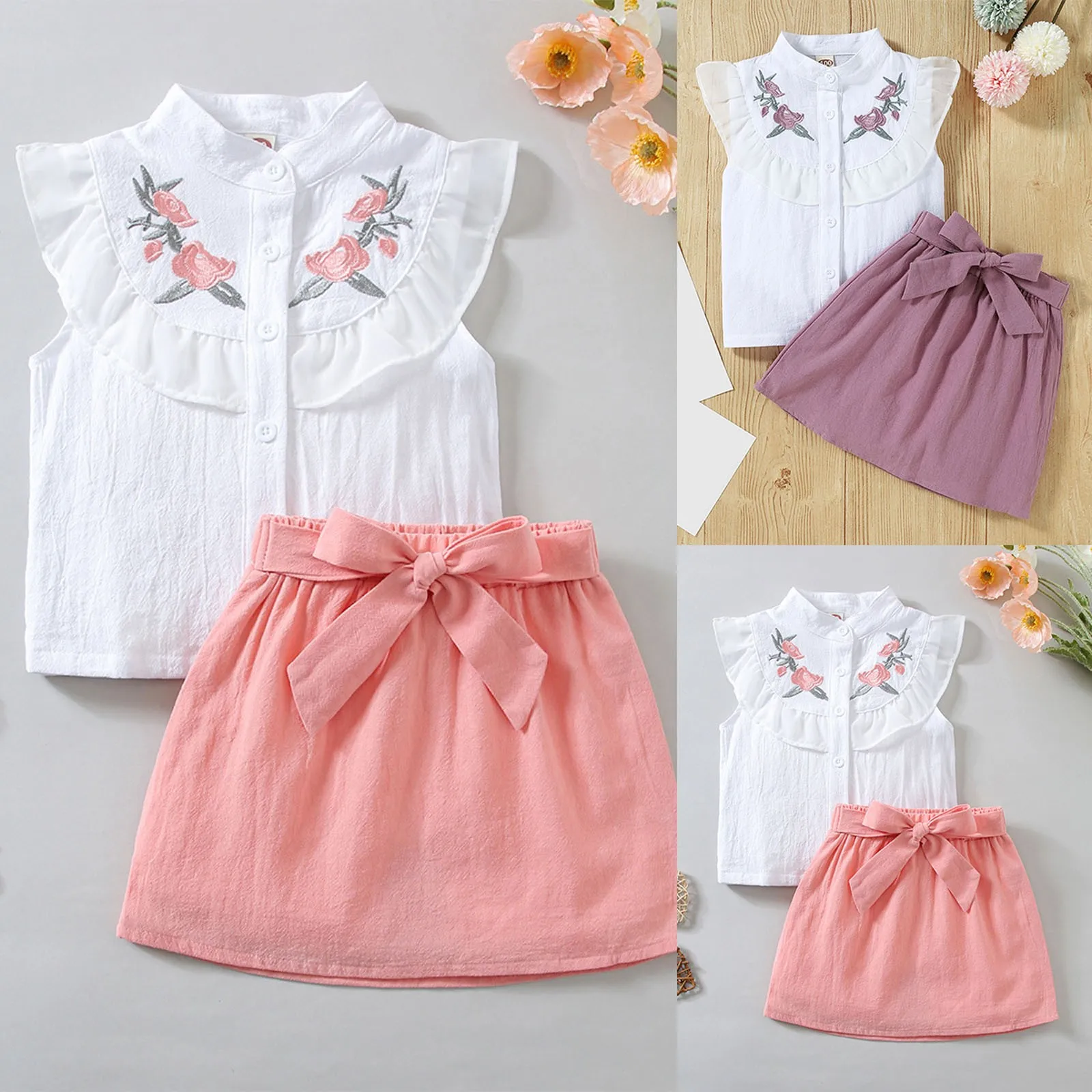 Toddler Girls Clothing Lapel Button Button Embroidered Top+Solid Bow Skirt Sets 2Pcs Summer Clothes Sets Girls 1 2 3 4 5 6 Years