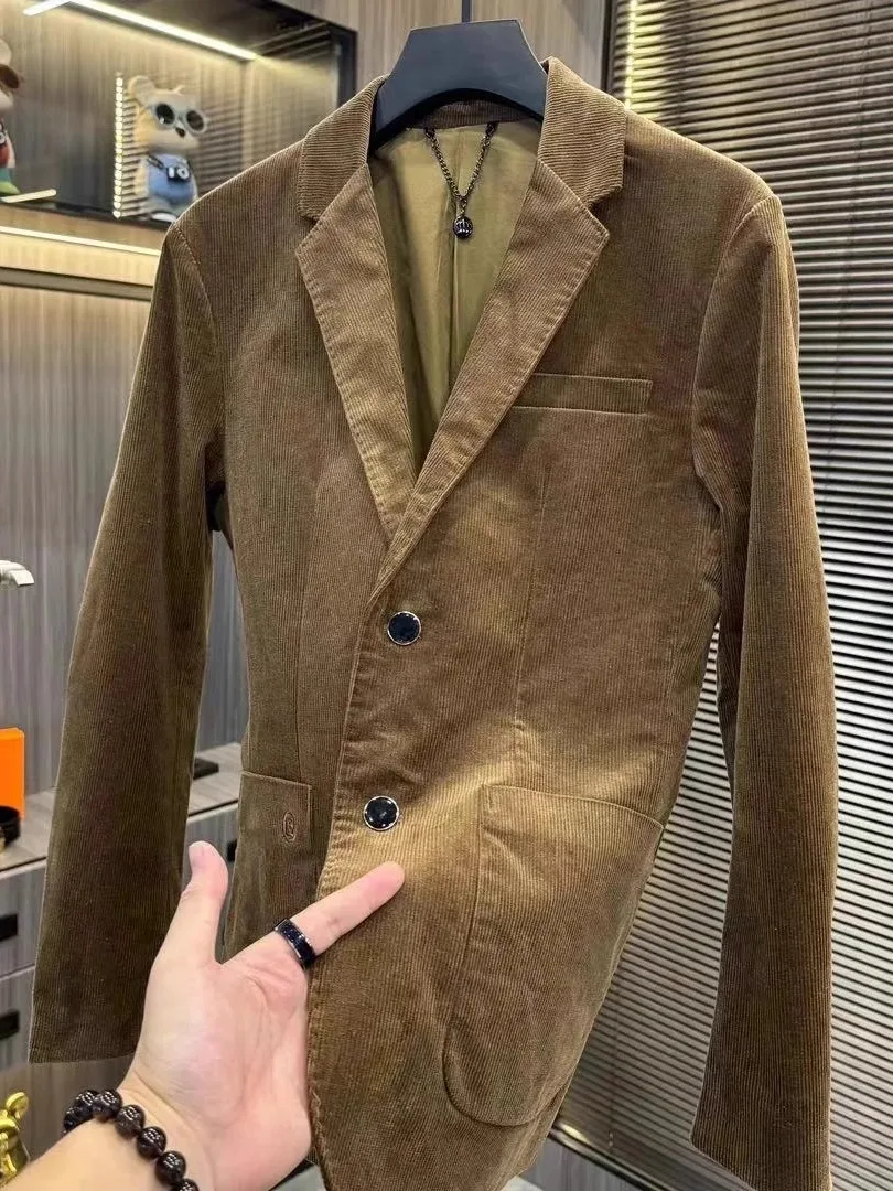 

Высококачественный модный полосатый костюм для мужчин: деловой и повседневный, весна-осень, с длинным рукавом, на пуговицах, приталенный крой