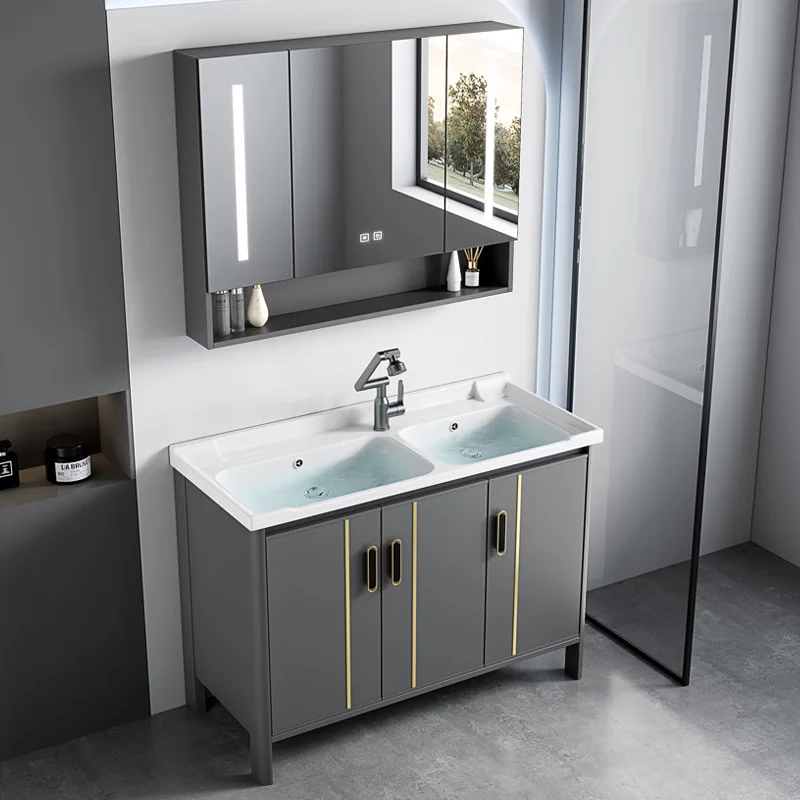 Space Aluminum Bathroom Cabinet Combination Wash Table Pool Ceramic Integrated Double Basin Wash Table Pool Toilet