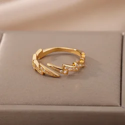 Zircon Lightning Open Rings For Women Stainless Steel Gold Plated Geometric Finger Ring Femme Wedding Trend Jewelry Gift 2024