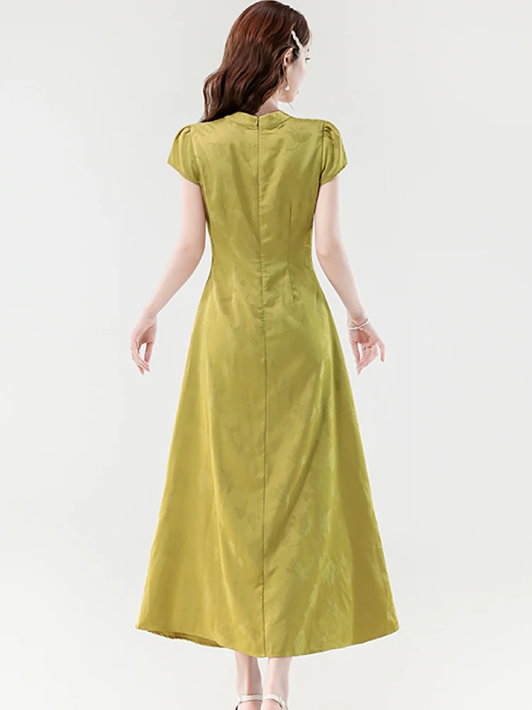 サマーグリーンジャカードサテンスタンドカラーロングドレス レディース 韓国風ラグジュアリーボディコンラッフルプロムドレス 2025 ヴィンテージエレガントドレス