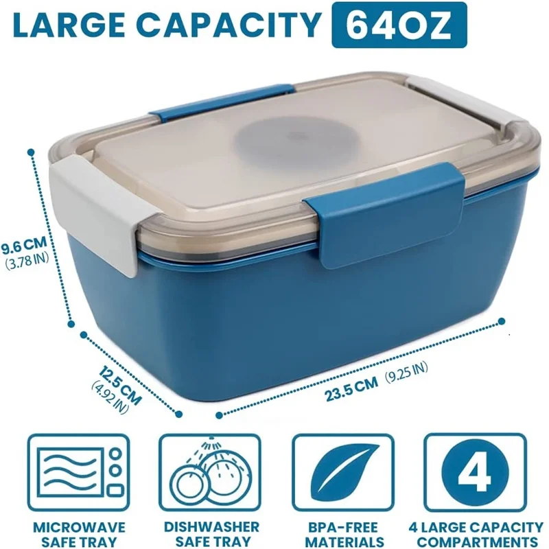 Large Microwave Safe Bento Box Big Salad Food Container 4 Compartment Tray BPA-Free Lunch Box Salad Bowl With Dressing Container