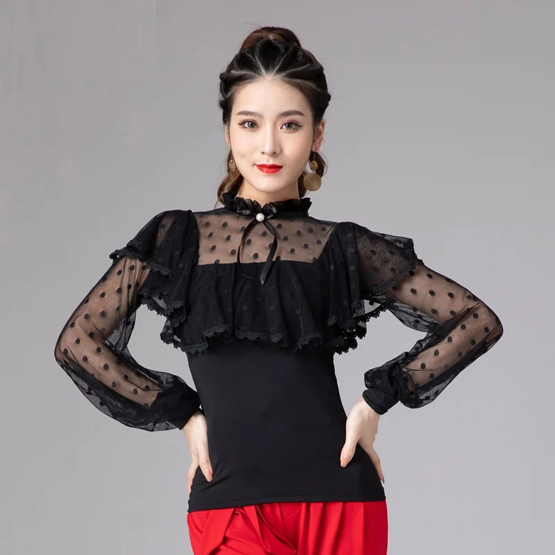 

X131 Latin Dance Top Female Modern Dance Blouse Ballroom Dance Waltz Dance Shirt Long Sleeve Ruffle Top Leotard Shirt Bodysuit