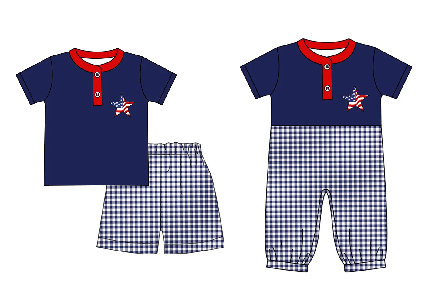 Baby boy summer clothing blue short-sleeved plaid pants short-sleeved jumpsuit clothing 7.4 clothing five-pointed star flag prin